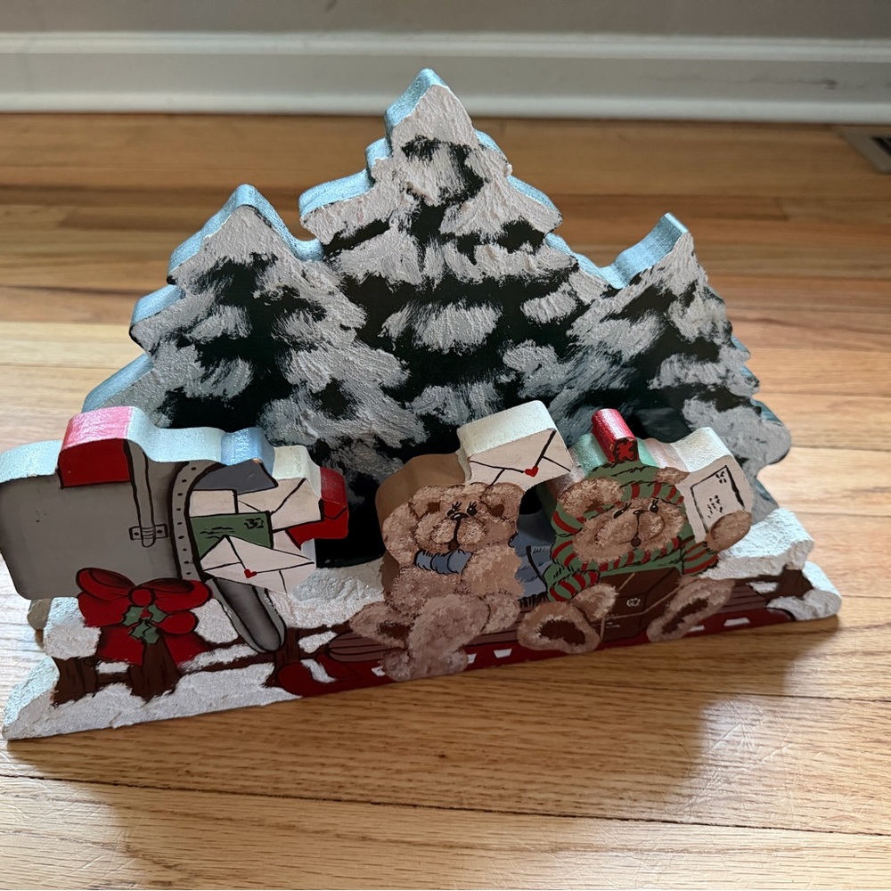 VTG 90s Hand-Painted Holiday Mail Holder Teddy Bear Décor
